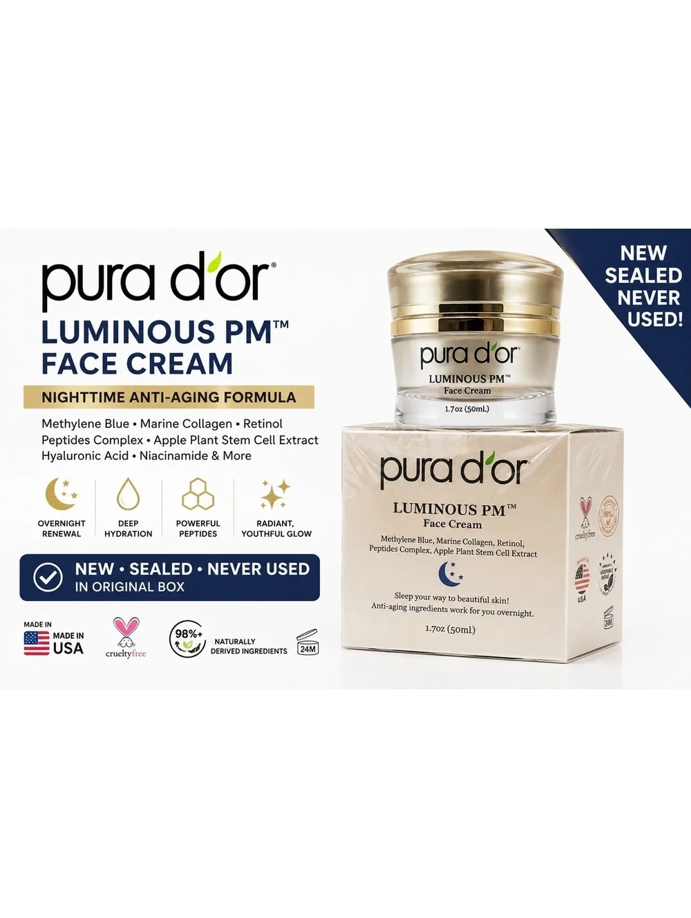 pura d'or Luminous PM Face Cream 1.7oz (50ml) Anti-Aging with Hyaluronic Acid &